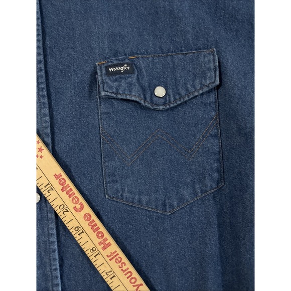 VTG Wrangler Mens Pearl Snap Denim Shirt Size‎ XXL Tall Blue Short Sleeve Rodeo - Picture 1 of 8